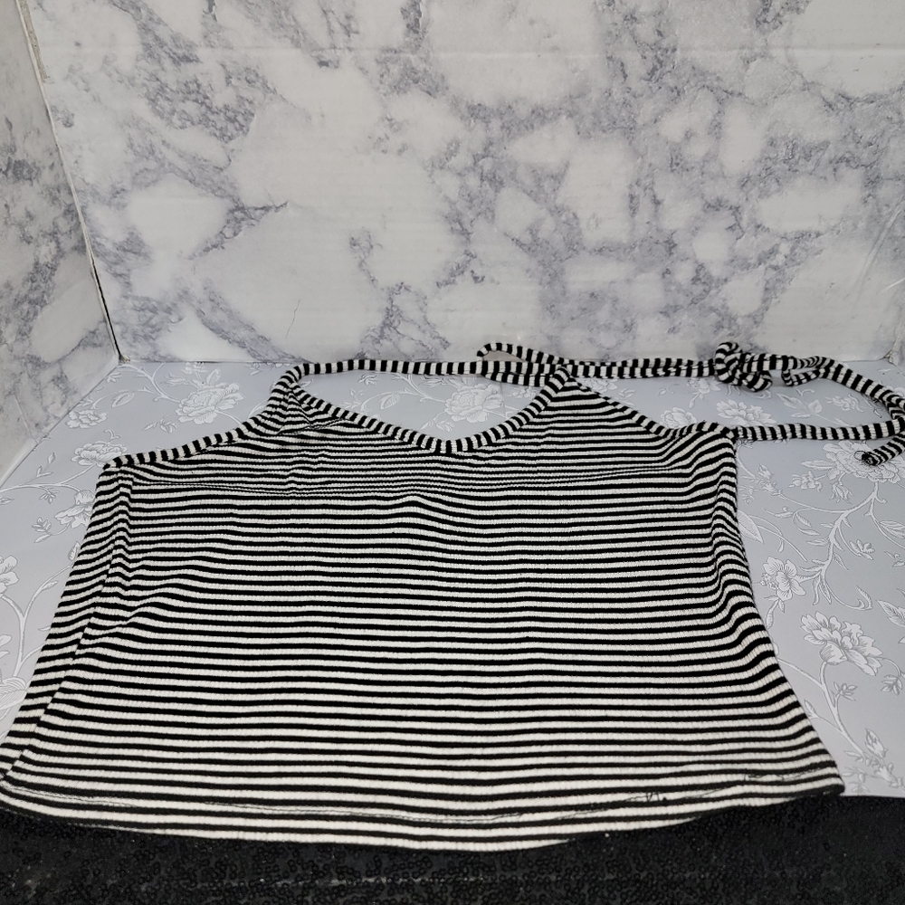 Acemi Halter Top Women's Medium Black and White Stripe Stretchy V-Neck Tank Top